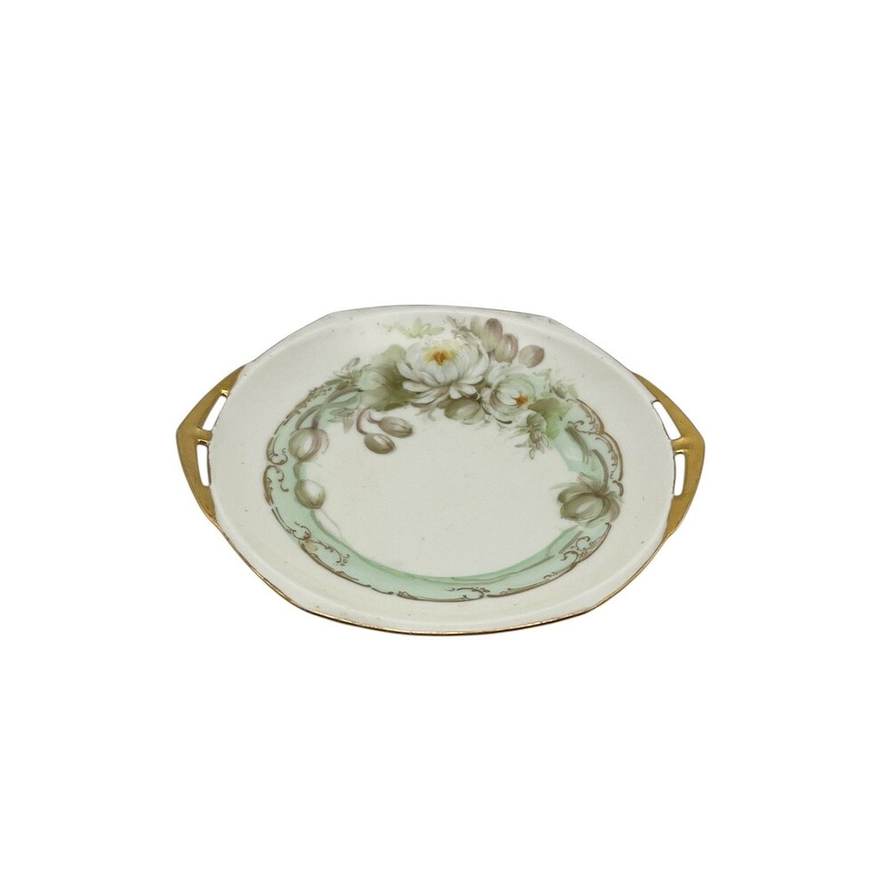 Antique MZ Austria 6.5” Porcelain Plate Floral White Gold Trim Pierced Handles - Picture 8 of 8